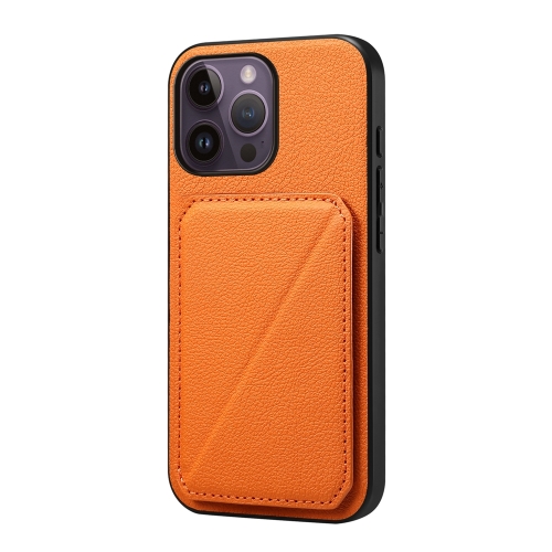 

For iPhone 14 Pro Max D04 Calf Texture Dual Card Slot Holder Phone Case(Orange)