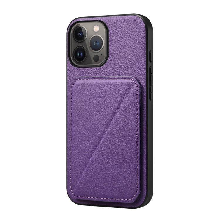 

For iPhone 13 Pro Max D04 Calf Texture Dual Card Slot Holder Phone Case(Purple)