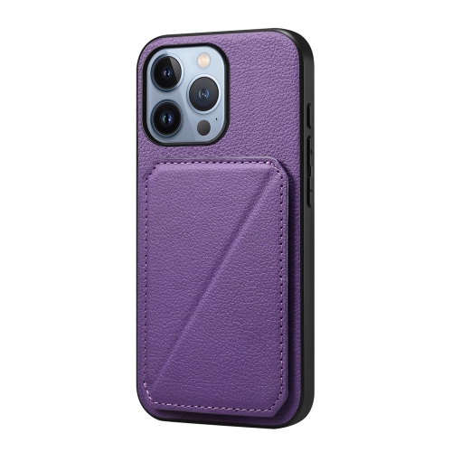 

For iPhone 13 Pro D04 Calf Texture Dual Card Slot Holder Phone Case(Purple)