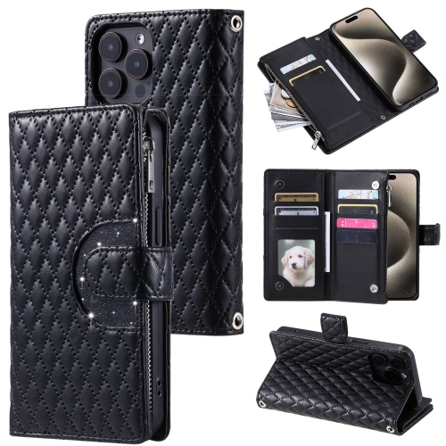 For iPhone 15 Pro Max Glitter Lattice Zipper Wallet Leather Phone Case(Black) 1 3pcs a4 a5 a6 mesh zipper stationery bags hanging bracket toys puzzle stickers cosmetic tools durable storage bags