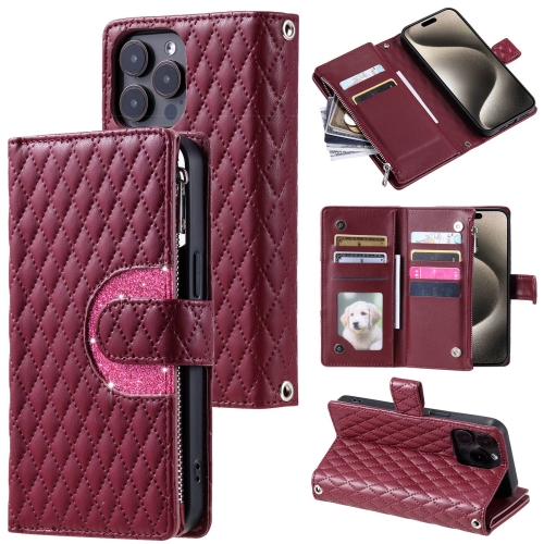 

For iPhone 15 Pro Max Glitter Lattice Zipper Wallet Leather Phone Case(Wine Red)