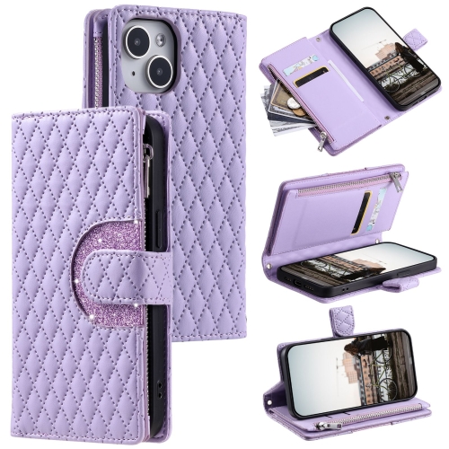 For iPhone 15 Plus Glitter Lattice Zipper Wallet Leather Phone Case(Purple) for iphone 14 laminated large window tpu phone case brown