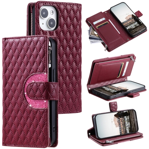 

For iPhone 15 Plus Glitter Lattice Zipper Wallet Leather Phone Case(Wine Red)