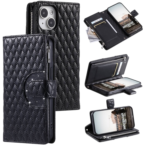 For iPhone 15 Glitter Lattice Zipper Wallet Leather Phone Case(Black) for iphone 15 laminated large window tpu phone case purple