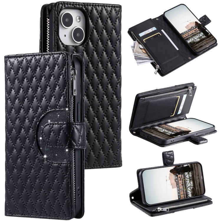 

For iPhone 14 Plus Glitter Lattice Zipper Wallet Leather Phone Case(Black)