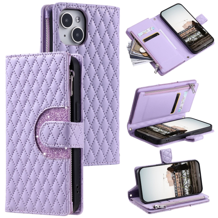 

For iPhone 14 Plus Glitter Lattice Zipper Wallet Leather Phone Case(Purple)
