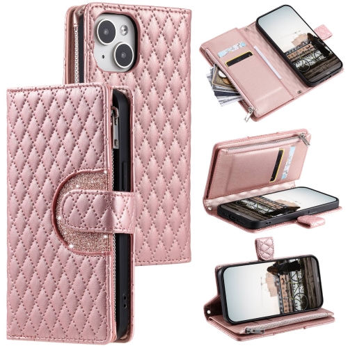 For iPhone 14 Plus Glitter Lattice Zipper Wallet Leather Phone Case(Rose Gold) mobile phone bag pink letter pattern lipstick wallet pouch for iphone 12 13 pro max mini x xr 7 8 plus crossbody bag arm bag