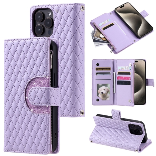 For iPhone 14 Pro Max Glitter Lattice Zipper Wallet Leather Phone Case(Purple) mobile phone bag pink letter pattern lipstick wallet pouch for iphone 12 13 pro max mini x xr 7 8 plus crossbody bag arm bag