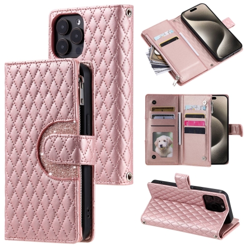 For iPhone 13 Pro Max Glitter Lattice Zipper Wallet Leather Phone Case(Rose Gold) mini colored velvet jewelry box ring earrings storage container high quality zipper and compartment wedding jewelry gift box