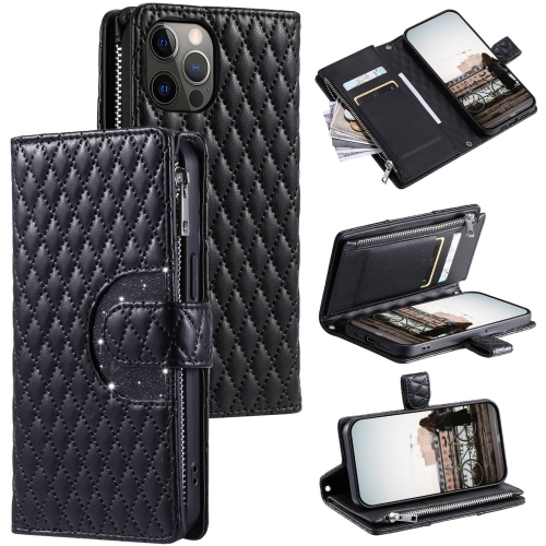 

For iPhone 12 / 12 Pro Glitter Lattice Zipper Wallet Leather Phone Case(Black)