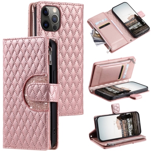 For iPhone 12 / 12 Pro Glitter Lattice Zipper Wallet Leather Phone Case(Rose Gold) storage shelf durable hanging bedside storage tray organize dorm or bedroom with detachable plastic rack floating for small