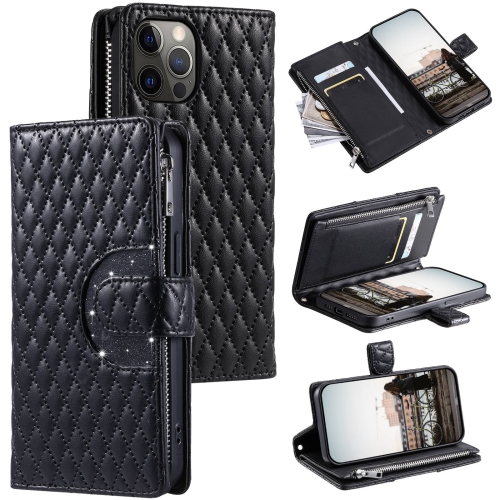 

For iPhone 12 Pro Max Glitter Lattice Zipper Wallet Leather Phone Case(Black)