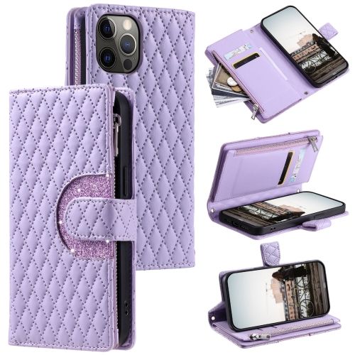 For iPhone 12 Pro Max Glitter Lattice Zipper Wallet Leather Phone Case(Purple) clear 2 tier acrylic riser step display bracelet jewelry holder wallet cosmetic stand racks