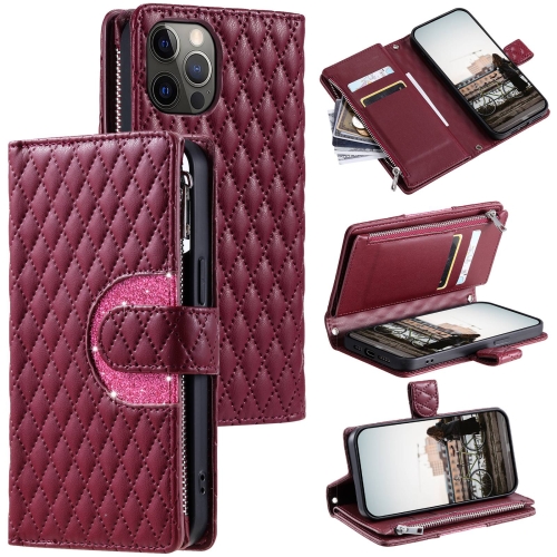 

For iPhone 12 Pro Max Glitter Lattice Zipper Wallet Leather Phone Case(Wine Red)