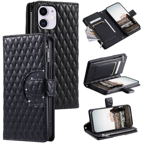 

For iPhone 11 Glitter Lattice Zipper Wallet Leather Phone Case(Black)