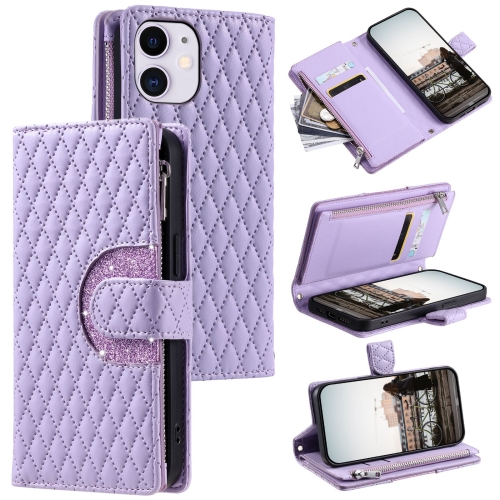 For iPhone 11 Glitter Lattice Zipper Wallet Leather Phone Case(Purple) for oppo find x7 ultra diamond lattice zipper wallet leather flip phone case white