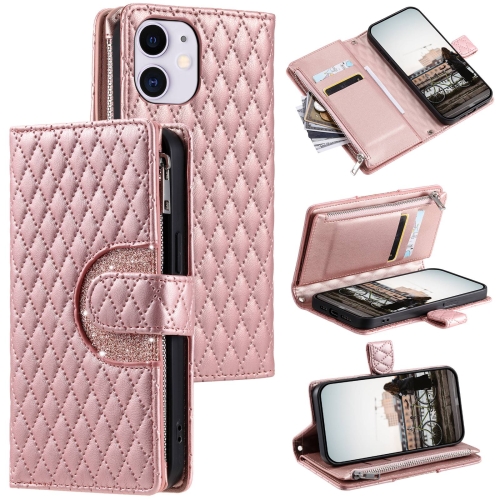 

For iPhone 11 Glitter Lattice Zipper Wallet Leather Phone Case(Rose Gold)