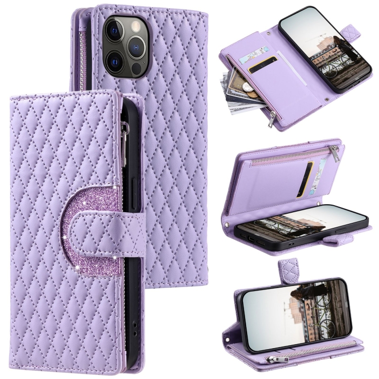

For iPhone 11 Pro Glitter Lattice Zipper Wallet Leather Phone Case(Purple)