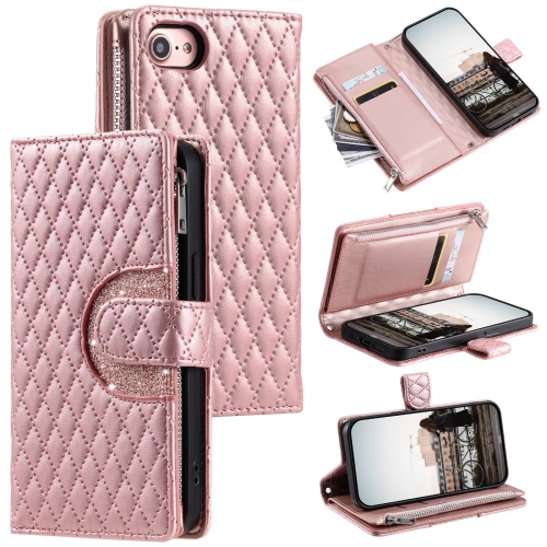 

For iPhone 7 / 8 / SE 2022 Glitter Lattice Zipper Wallet Leather Phone Case(Rose Gold)