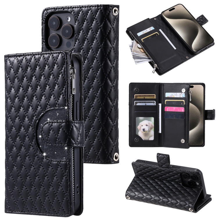 

For iPhone 16 Pro Glitter Lattice Zipper Wallet Leather Phone Case(Black)