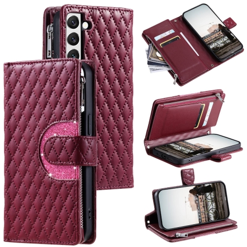 

For Samsung Galaxy S22 5G Glitter Lattice Zipper Wallet Leather Phone Case(Wine Red)