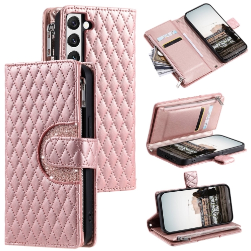 

For Samsung Galaxy S22 5G Glitter Lattice Zipper Wallet Leather Phone Case(Rose Gold)