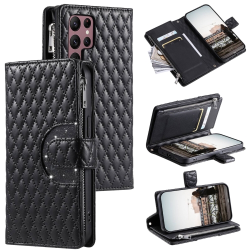 

For Samsung Galaxy S22 Ultra 5G Glitter Lattice Zipper Wallet Leather Phone Case(Black)