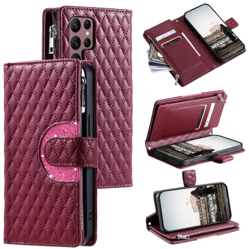 

For Samsung Galaxy S22 Ultra 5G Glitter Lattice Zipper Wallet Leather Phone Case(Wine Red)