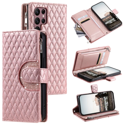 

For Samsung Galaxy S22 Ultra 5G Glitter Lattice Zipper Wallet Leather Phone Case(Rose Gold)