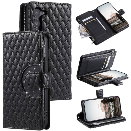 

For Samsung Galaxy S23 5G Glitter Lattice Zipper Wallet Leather Phone Case(Black)