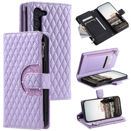 

For Samsung Galaxy S23 5G Glitter Lattice Zipper Wallet Leather Phone Case(Purple)