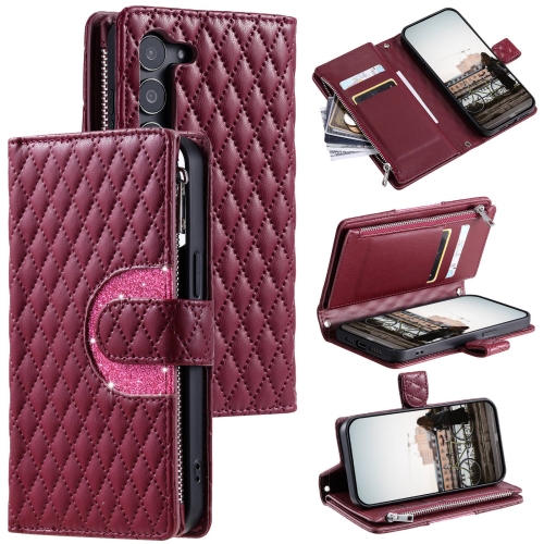 

For Samsung Galaxy S23 5G Glitter Lattice Zipper Wallet Leather Phone Case(Wine Red)