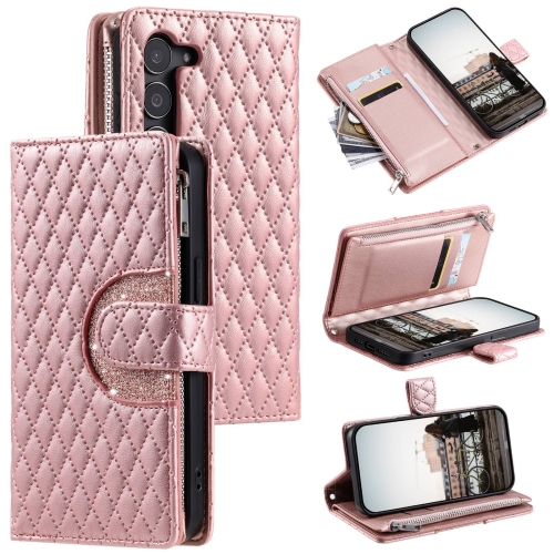 

For Samsung Galaxy S23 5G Glitter Lattice Zipper Wallet Leather Phone Case(Rose Gold)