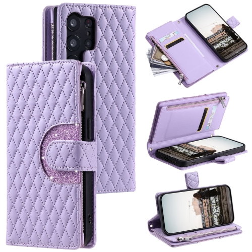 

For Samsung Galaxy S23 Ultra 5G Glitter Lattice Zipper Wallet Leather Phone Case(Purple)