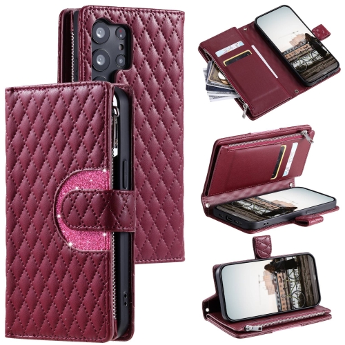 

For Samsung Galaxy S23 Ultra 5G Glitter Lattice Zipper Wallet Leather Phone Case(Wine Red)