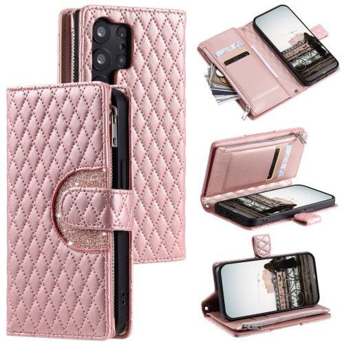 

For Samsung Galaxy S23 Ultra 5G Glitter Lattice Zipper Wallet Leather Phone Case(Rose Gold)