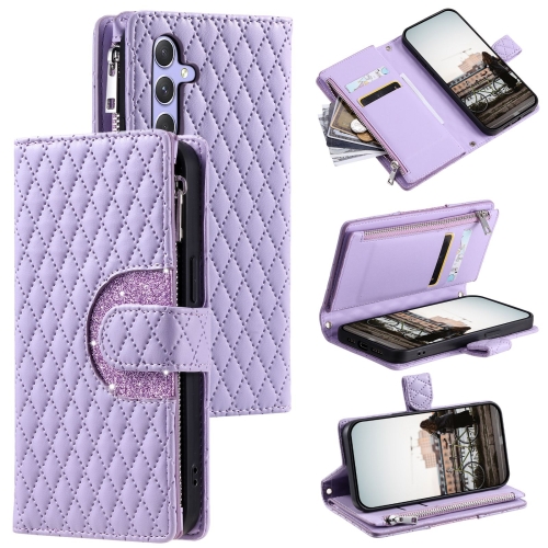 

For Samsung Galaxy S24 5G Glitter Lattice Zipper Wallet Leather Phone Case(Purple)