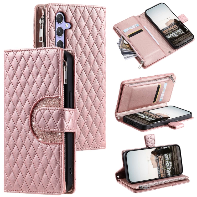 

For Samsung Galaxy S24 5G Glitter Lattice Zipper Wallet Leather Phone Case(Rose Gold)