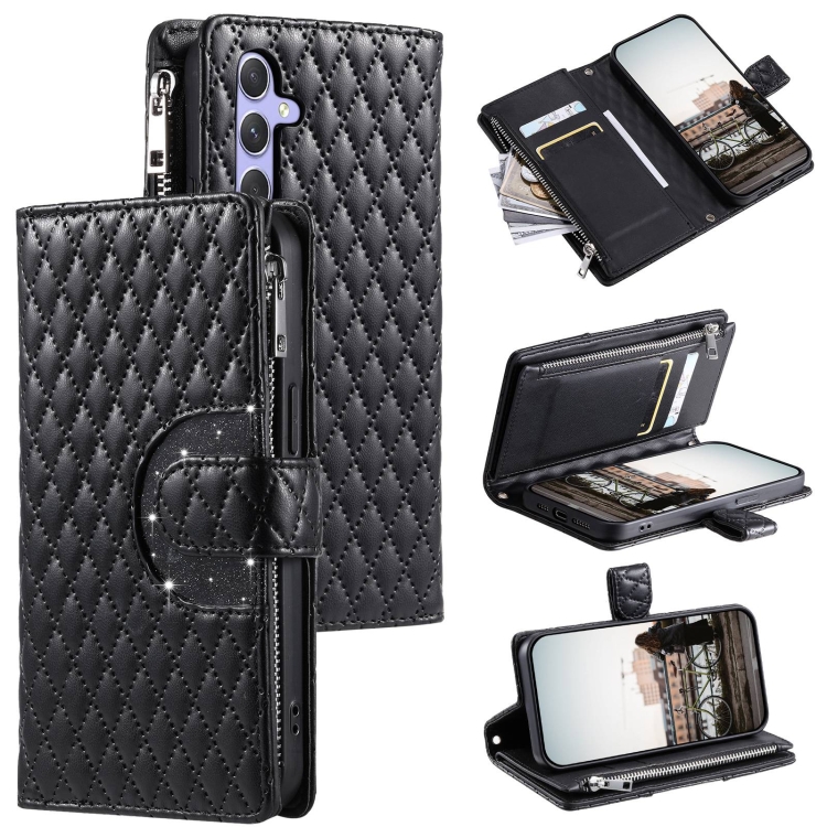 

For Samsung Galaxy S24+ 5G Glitter Lattice Zipper Wallet Leather Phone Case(Black)