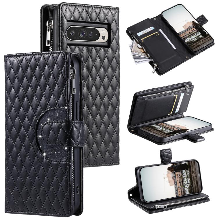 

For Google Pixel 10 Pro XL Glitter Lattice Zipper Wallet Leather Phone Case(Black)