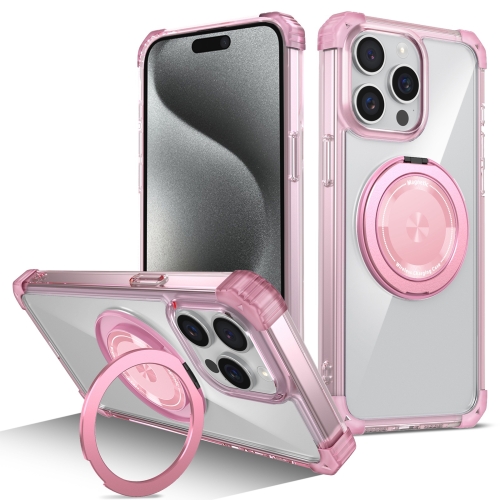 

For iPhone 15 Pro Gold Shield CD Pattern MagSafe Magnetic Phone Case with Rotating Stand(Transparent Pink)