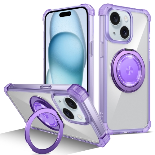 

For iPhone 15 Plus Gold Shield CD Pattern MagSafe Magnetic Phone Case with Rotating Stand(Transparent Purple)