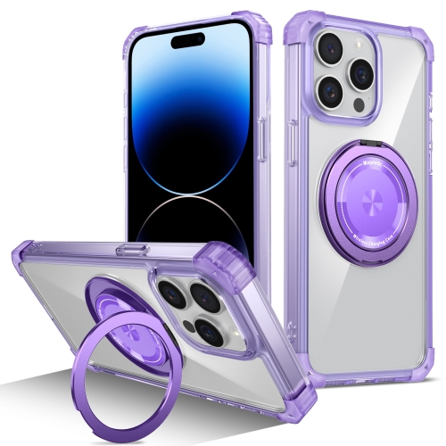 

For iPhone 14 Pro Gold Shield CD Pattern MagSafe Magnetic Phone Case with Rotating Stand(Transparent Purple)