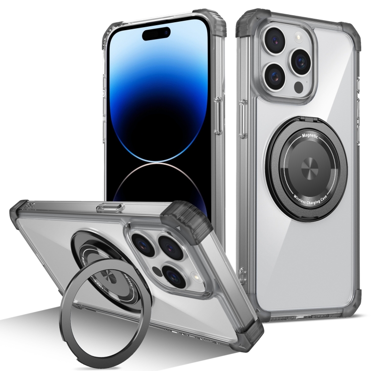 

For iPhone 14 Pro Max Gold Shield CD Pattern MagSafe Magnetic Phone Case with Rotating Stand(Transparent Black)
