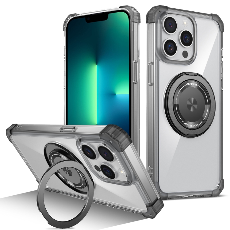 

For iPhone 13 Pro Max Gold Shield CD Pattern MagSafe Magnetic Phone Case with Rotating Stand(Transparent Black)