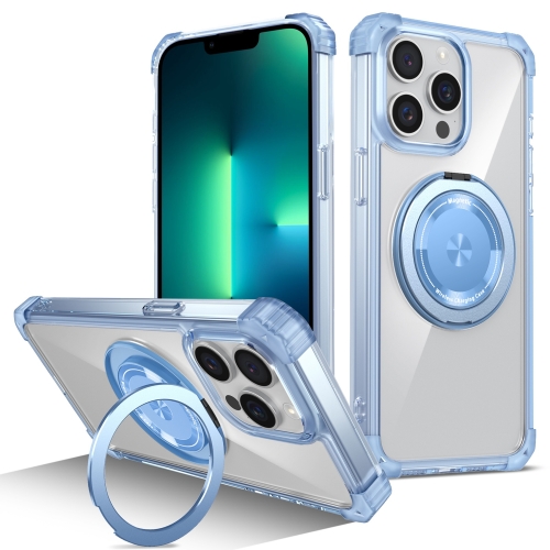 

For iPhone 13 Pro Max Gold Shield CD Pattern MagSafe Magnetic Phone Case with Rotating Stand(Transparent Blue)