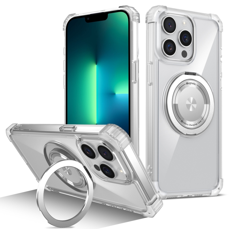 

For iPhone 13 Pro Max Gold Shield CD Pattern MagSafe Magnetic Phone Case with Rotating Stand(Transparent)