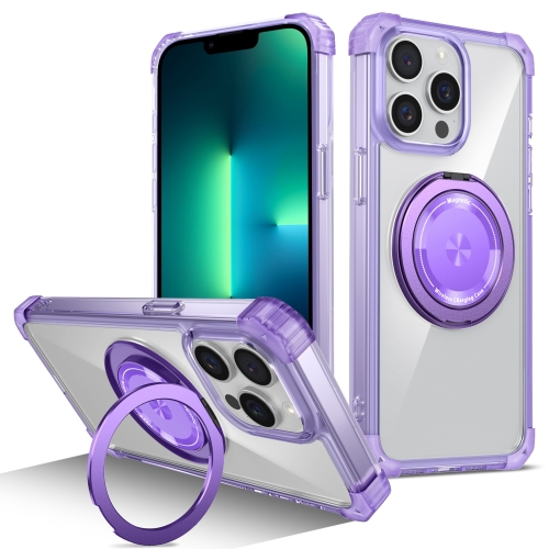 

For iPhone 13 Pro Gold Shield CD Pattern MagSafe Magnetic Phone Case with Rotating Stand(Transparent Purple)