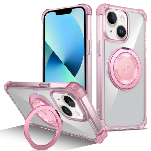 

For iPhone 13 Gold Shield CD Pattern MagSafe Magnetic Phone Case with Rotating Stand(Transparent Pink)