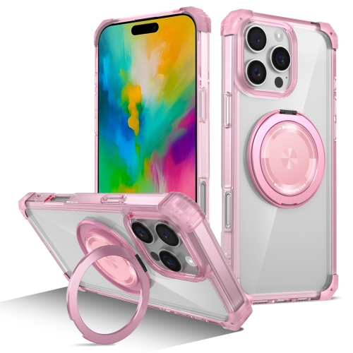 

For iPhone 16 Pro Max Gold Shield CD Pattern MagSafe Magnetic Phone Case with Rotating Stand(Transparent Pink)